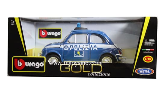 BBURAGO 1:18 GOLD FIAT 500 POLICE - M & J Toys Inc. Die-Cast