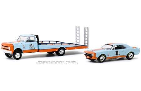 Greenlight 1:64 H.D. Trucks Series 18 - 1967 Chevrolet C-30 Ramp Truck Gulf Oil with 1967 Chevrolet Camaro Gulf Oil #6 (Light Blue/Orange)