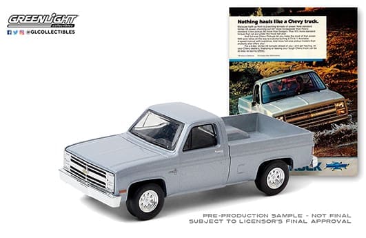 Greenlight 1:64 Vintage Ad Cars Series 3 - 1985 Chevrolet Truck “Nothing hauls like a Chevy truck” (Silver)