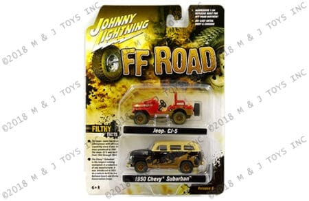 Johnny Lightning 1:64 Themed 2-Pack Release 5 - Off Road - Jeep CJ-5 (Red) & 1950 Chevrolet Suburban (Black/Beige)