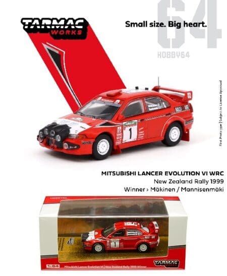 Tarmac Works 1:64 Hobby64 - Mitsubishi Lancer Evolution VI New Zealand Rally 1999 Winner - Tommi Makinen, Risto Mannisenmaki (Red)