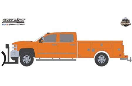 Greenlight 1:64 Dually Drivers Series 6 - 2018 Chevrolet Silverado 3500 Dually Service Bed - Tangier Orange with Snow Plow Solid Pack