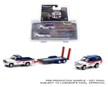 Greenlight 1:64 Racing Hitch & Tow Series 3 - 1992 Ford F-150 and 1992 Ford Bronco BFGoodrich Rough Riders on Flatbed Trailer