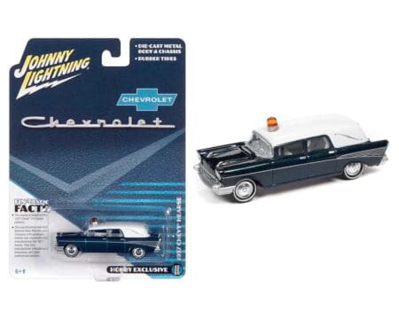 Johnny Lightning 1:64 Hobby Exclusive 1957 Chevrolet Hearse Ambulance Blue with White Top