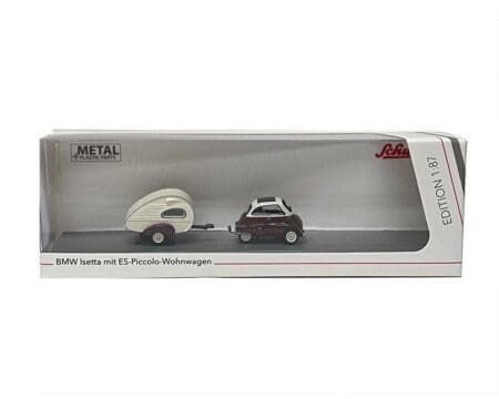 Schuco 1:87 BMW Isetta with Teardrop Trailer Burgundy