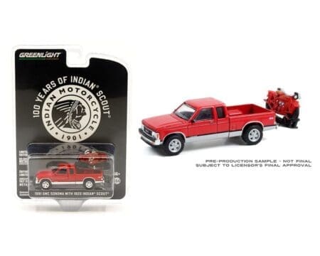 Greenlight 1:64 1991 GMC Sonoma Extended Cab with 2021 Indian Scout on Hitch Carrier - 100 Years of Indian Chiefs - Anniversary Collection Series 13