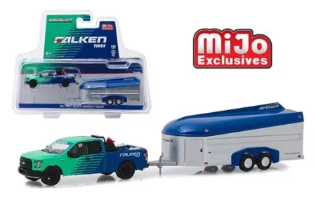 Greenlight 1:64 MiJo Exclusives - Hitch & Tow - Falken Tires - 2017 Ford F-150 with Aerovault (Green/Blue, Blue/Silver)