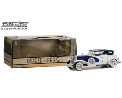 greenlight 1:18 scale white and blue duesenberg 2 sj and window box packaging