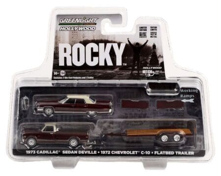 Greenlight 1:64 Hollywood Hitch & Tow Series 10 - Rocky - 1973 Cadillac Sedan DeVille - 1972 Chevrolet C10 and Flatbed Trailer