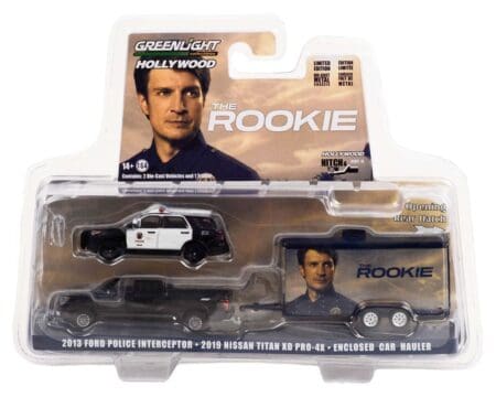 Greenlight 1:64 Hollywood Hitch & Tow Series 10 - The Rookie - 2013 Ford Police Interceptor - 2019 Nissan Titan XD Pro-4X - Enclosed Car Hauler