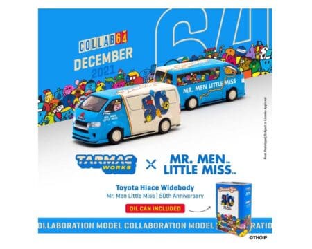 Tarmac Works 1:64 Toyota Hiace Widebody Mr. Men Little Miss 50th Anniversary With Oil Tin Can