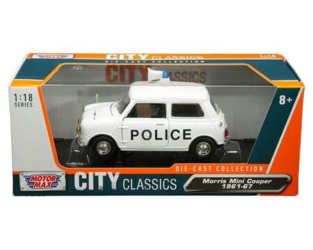 Motormax 1:18 1961-1967 Morris Mini Cooper Police (White) - City Classics