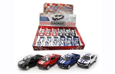Kinsmart 1:46 2013 Ford F-150 SVT Raptor Supercrew Stripes 4.5″ (KT5365DF) - Display Tray Set of 12