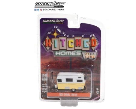 Greenlight 1:64 Hitched Homes Series 11 - 1959 Siesta Travel Trailer - White and Yellow