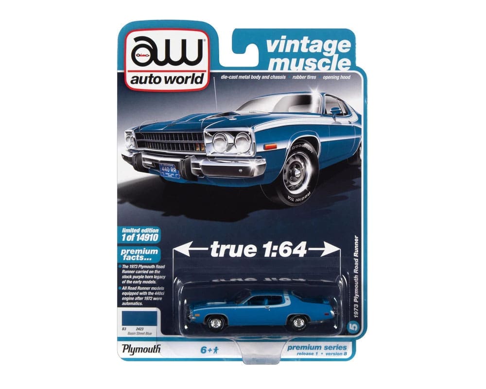 Auto World 1:64 1973 Plymouth Road Runner (Basin Street Blue with White  Side and Roof Stripes) - Premium 2022 Release 1 Version B - Vintage Muscle  -