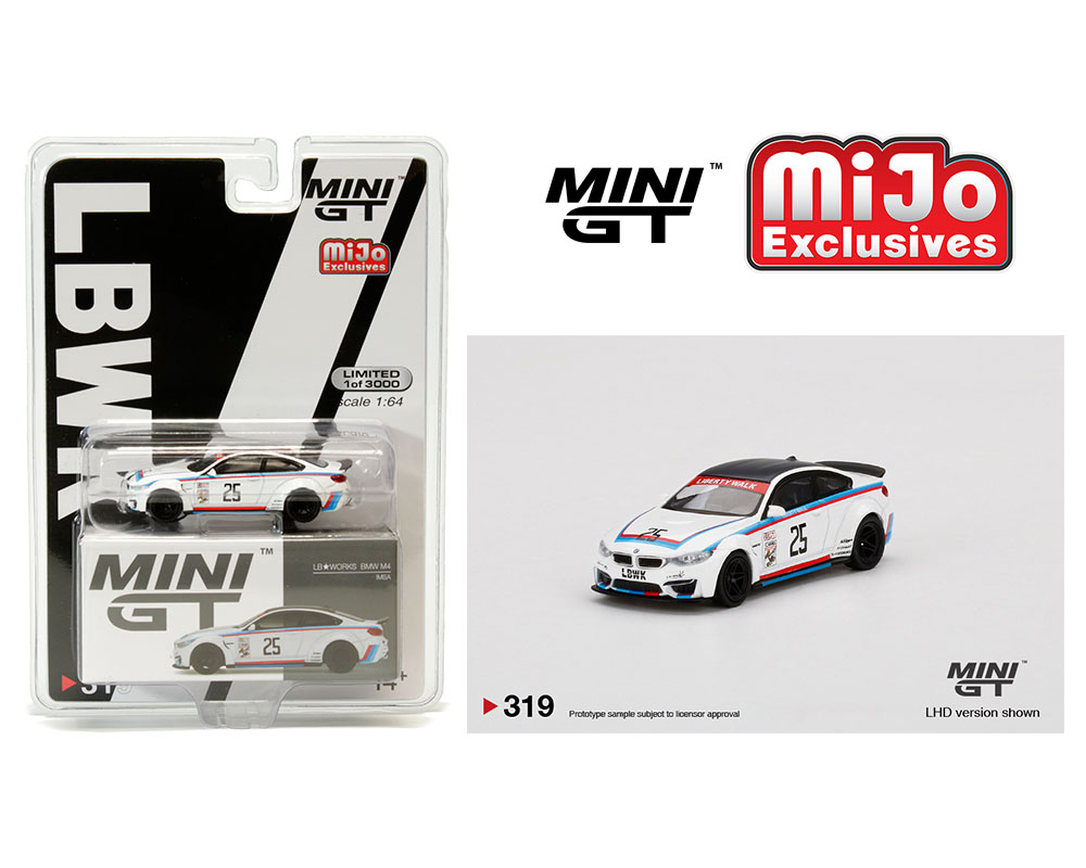 1/64 MINI GT MIJO EXCLUSIVES LBWK WORK BMW M4 WHITE WITH M STRIPE LHD 1 OF 1800 