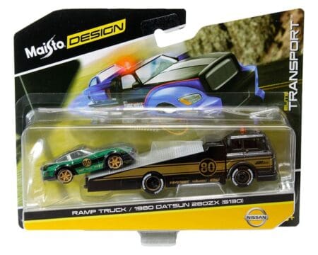 Maisto 1:64 Ramp Truck / 1980 Datsun 280ZX (S130) - Dark Grey Metallic / Green Metallic - Design Elite Transport