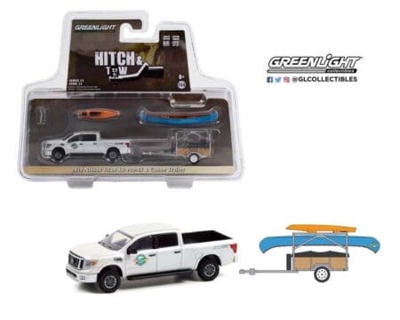 Greenlight 1:64 2019 Nissan Titan XD Pro-4X and Canoe Trailer - White - Hitch & Tow Series 23