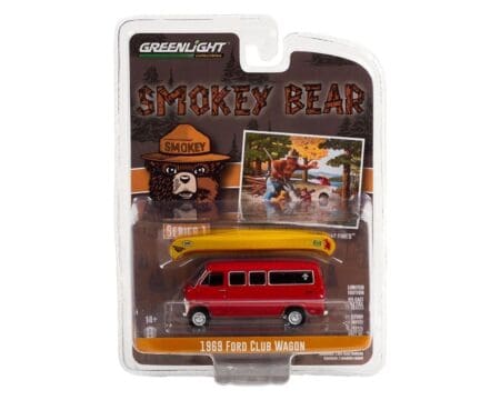 Greenlight 1:64 Smokey Bear Series 1 - 1969 Ford Club Wagon with Canoe on Roof - Care Will Prevent 9 Of 10 Forest Fires