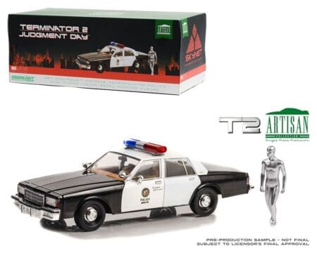 Greenlight 1:18 1987 Chevrolet Caprice Metropolitan Police with T-1000 Liquid Metal Android Figure - Terminator 2: Judgment Day (1991) - Artisan Collection