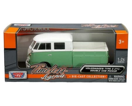 Motormax 1:24 Volkswagen Type 2 (T1) Double Cab Pickup Truck 2-Tone (White/Green) - Timeless Legends