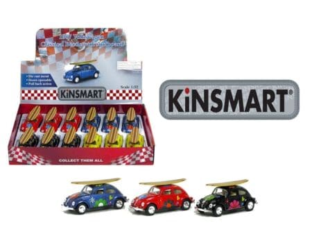 Kinsmart 1:32 1967 Volkswagen Classical Beetle with Flowers and Long Board 5″ - Display Tray Set of 12