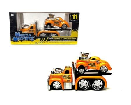 Muscle Machines 1:64 1953 Mack B-61 Flatbed with 1941 Willys Coupe Orange - Muscle Transports