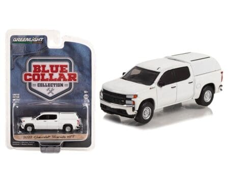 Greenlight 1:64 2022 Chevrolet Silverado WT with Camper Shell - Summit White - Blue Collar Collection Series 11