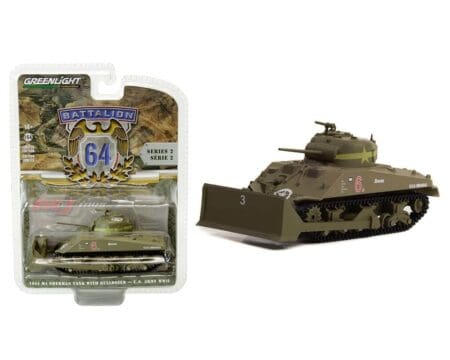 Greenlight 1:64 1944 M4 Sherman Dozer Tank with Bulldozer Pusher Blade - Battalion 64 Series 2