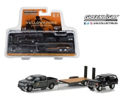 Greenlight 1:64 Hollywood Hitch & Tow Series 11- Montana Livestock Association- 2018 Ford F-150 Pickup with 1992 Ford Bronco on Flatbed Trailer - Yellowstone (TV Series 2018-Current)