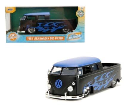 Jada 1:24 1963 Volkswagen Bus Pickup (Matte Black with Blue Roof and Flames) - Slug Bug - Punch Buggy