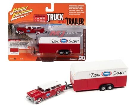 Johnny Lightning 1:64 1955 Chevrolet Nomad with Enclosed Car Trailer (Commercial Red) - Truck and Trailer Release 1 Version A