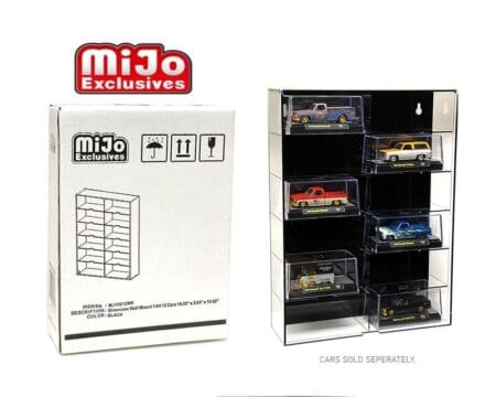 Showcase 1:64 12-Car Display Case Wall Mount Plastic Black Back Version With Cover (10.03" x 3.03" x 13.62") - MiJo Exclusives