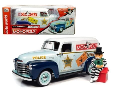 Auto World 1:18 Monopoly 1948 Chevrolet Police Van with Resin Mr. Monopoly Figure - White