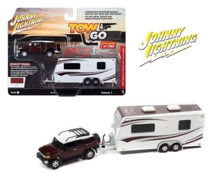 Johnny Lightning 1:64 Tow & Go 2023 Release 1 Version A 2010 Toyota FJ Cruiser W/ Camper Trailer - Red - Solid Pack