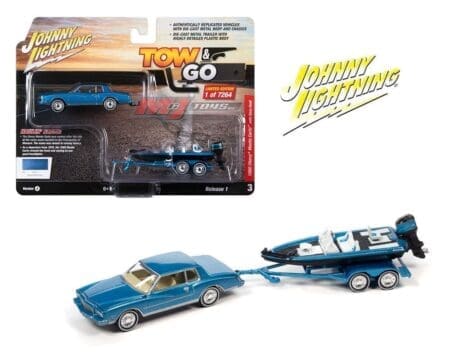 Johnny Lightning 1:64 Tow & Go 2023 Release 1 Version A 1980 Chevrolet Monte Carlo W/ Bass Boat Trailer - Blue - Solid Pack