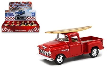 Kinsmart 1:32 1955 Chevrolet Stepside with Long Board - 4 Colors - Display Tray Set of 12