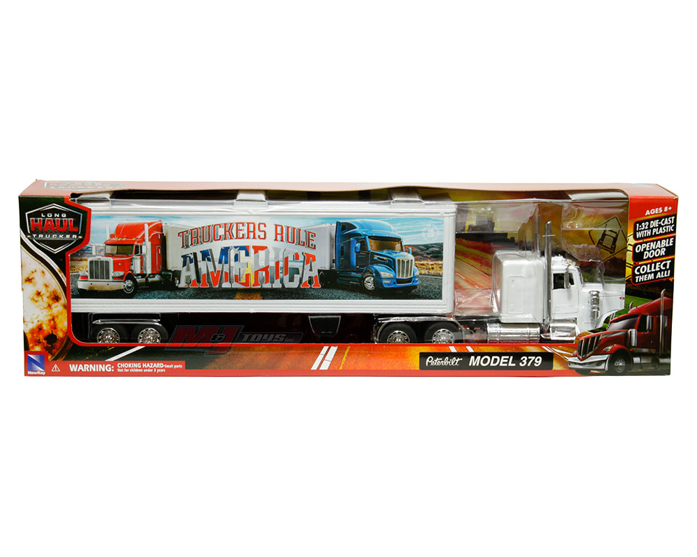 New Ray 1:32 Peterbilt Model 379 Tribute To Truckers Truckers Rule  America - White Cab with White Container - Long Haul Trucker