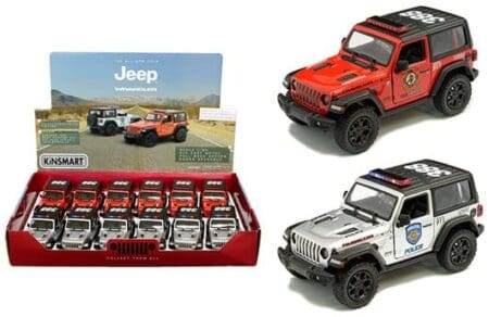 Kinsmart 1:34 2018 Jeep Wrangler Police & Firefighter 5" - Display Tray Box of 12