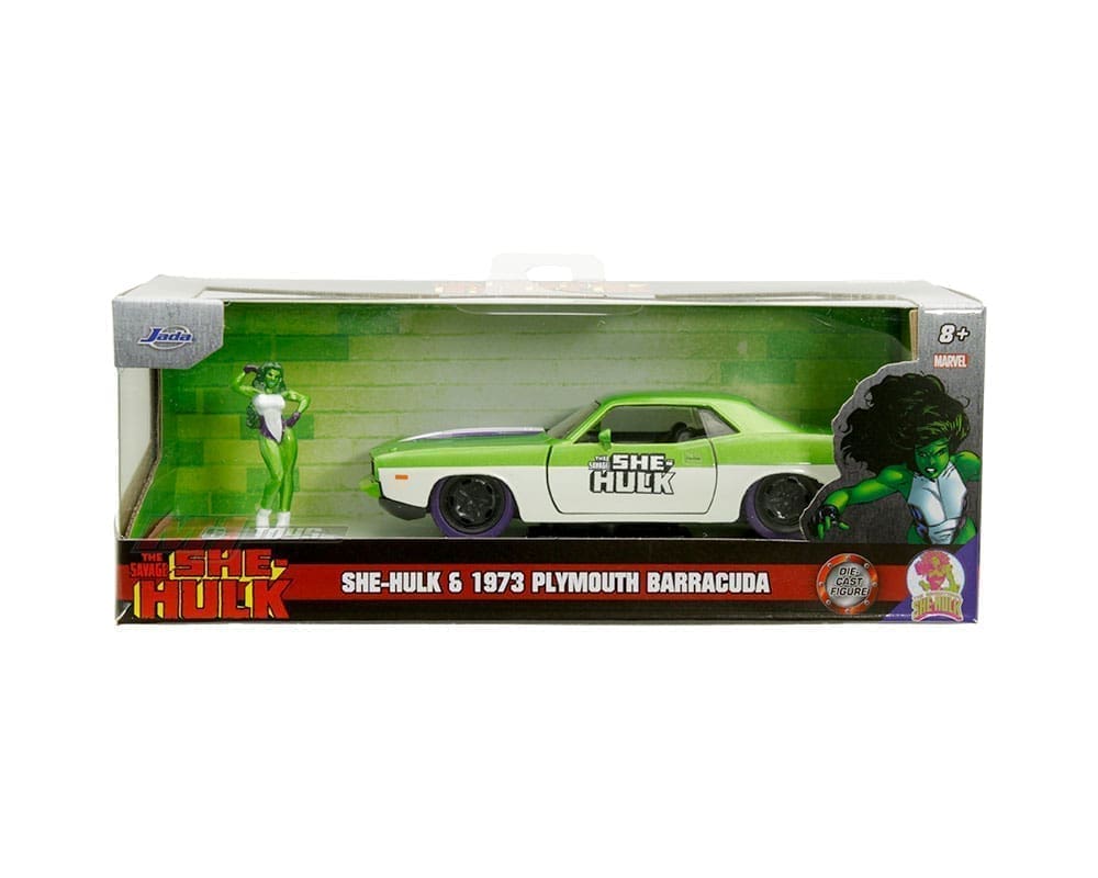 Voiture Miniature Plymouth Barracuda 1973 1/32 Avec Figurine She-Hulk – Jada Toys, Vert Et Blanc