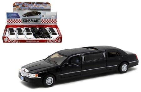 Kinsmart 1:38 1999 Lincoln Limousine 7" - Black, White - Display Tray Set of 6