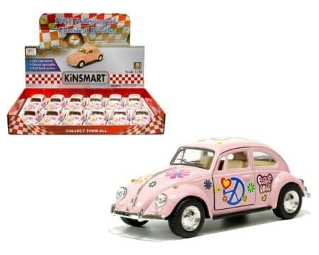 Kinsmart 1:32 1967 Volkswagen Classical Beetle Peace & Love - Pink - KT5375DFPK - Display Tray Set of 12