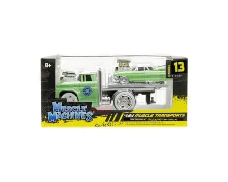 Muscle Machines 1:64 1966 Chevrolet C60 Flatbed & 1961 Cadillac - Green - Muscle Transports Model 13