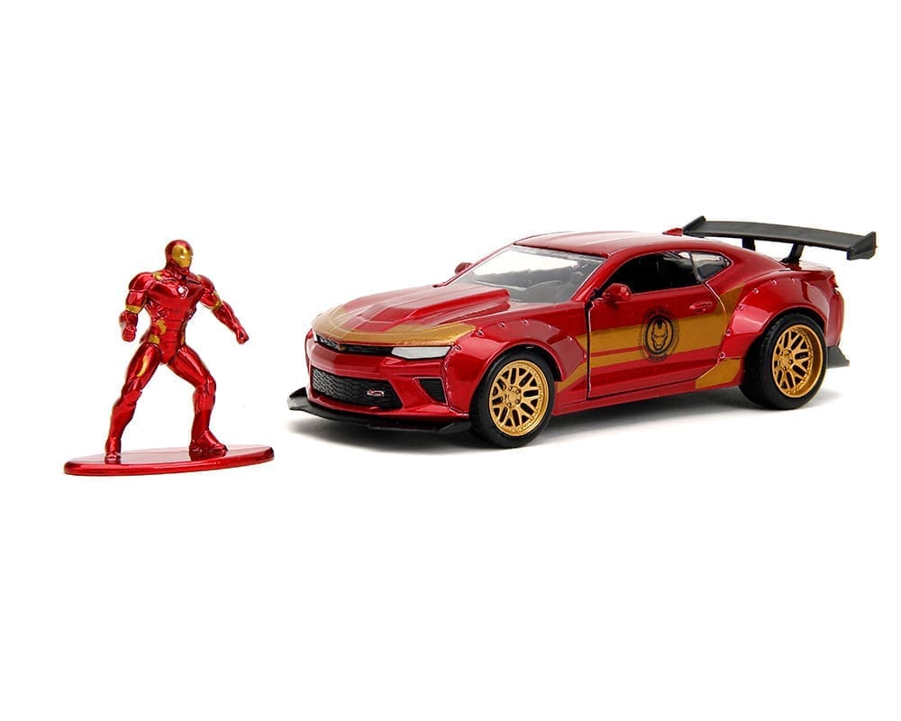 Auto Giocattolo Marvel Avengers - Iron Man Chevy Camaro SS 2016 In Scala 1:24, Con Personaggio In Metallino, Porte ApriBili