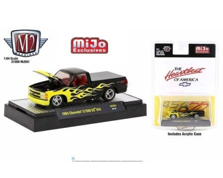M2 Machines 1:64 1993 Chevrolet C1500 454SS Pickup Custom Black w/ Yellow Flames - Mijo Exclusives