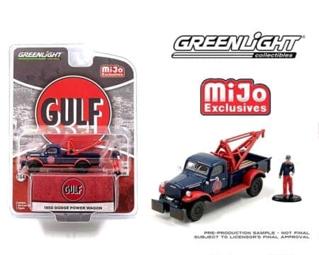 Greenlight 1:64 1950 Dodge Power Wagon Tow Truck Gulf Oil Weathered with Mechanic Figure Limited 3,600 Pcs - MiJo Exclusives