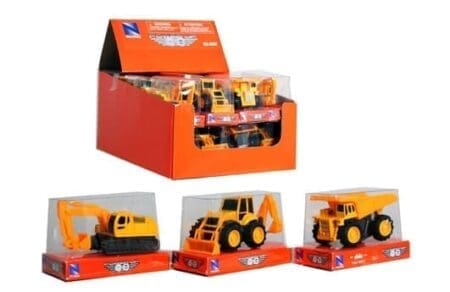 New Ray Mini 2.5" Construction Vehicles PVC Cover friction Yellow - Display Tray of 12