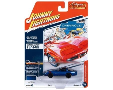 Johnny Lightning 1:64 Classic Gold 2023 Release 1 Version B - 1979 Chevrolet Corvette - Blue White Stripe - Solid Pack