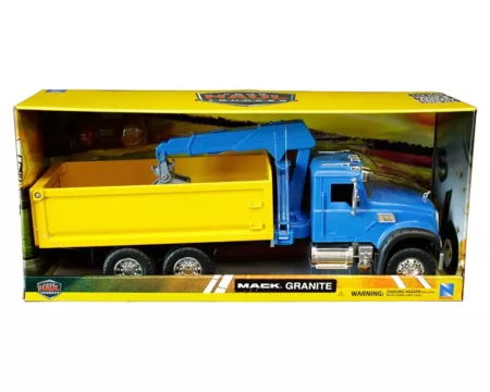 New Ray 1:18 Mack Granite with Crane and Rocks Blue/Yellow Plastic - Long Haul Truckers