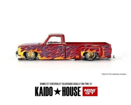 Kaido House x Mini GT 1:64 Chevrolet Silverado Dually on Fire V1 - Red with Flames - Image 2